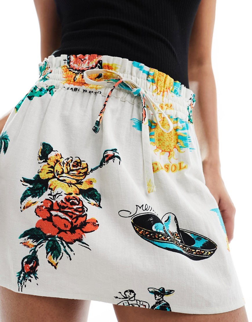 linen look tie waist mini skirt in tropical print-Multi