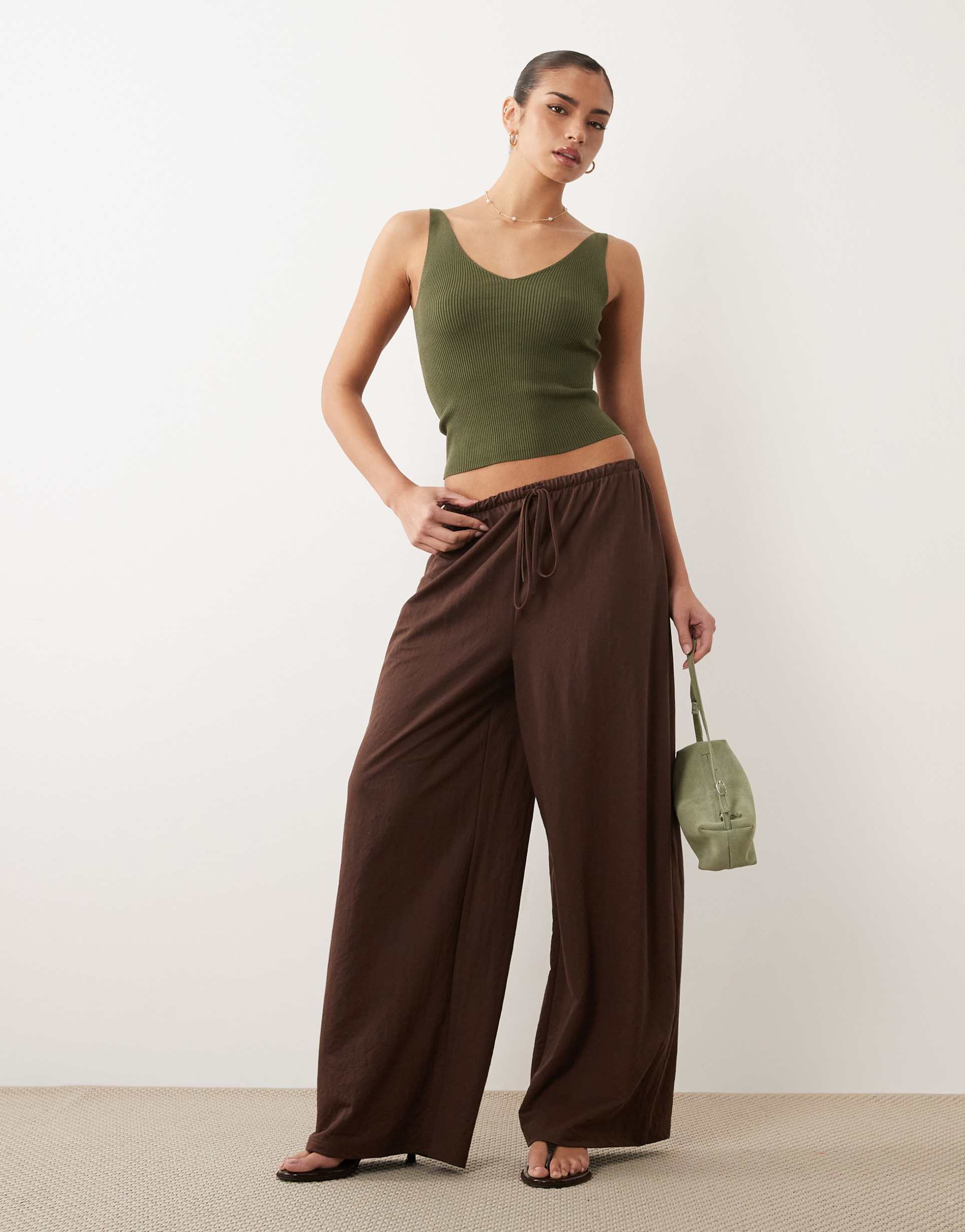 asos design linen look tie waist wide leg pants in brown - part of a set
