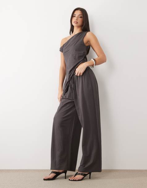ASOS DESIGN linen look tie waist wide leg pants in charcoal gray - part of a set - view 1