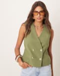 [ASOS DESIGN] ASOS DESIGN linen look tie waistcoat in pistachio-Green 18 Khaki