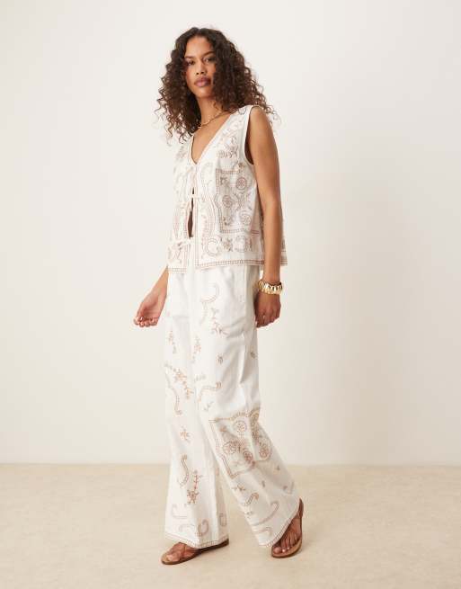 ASOS DESIGN linen look top with embroidery in white (part of a set), 3 of 4