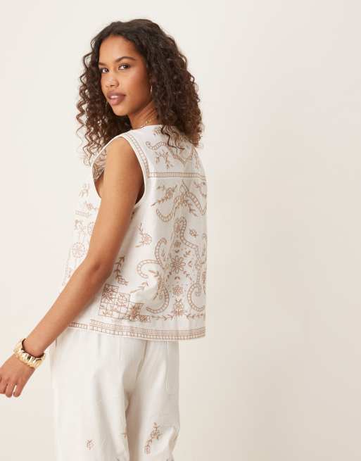 ASOS DESIGN linen look top with embroidery in white (part of a set), 4 of 4