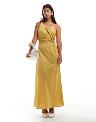 Asos Design Linen Look Twist One Shoulder Dress-yellow