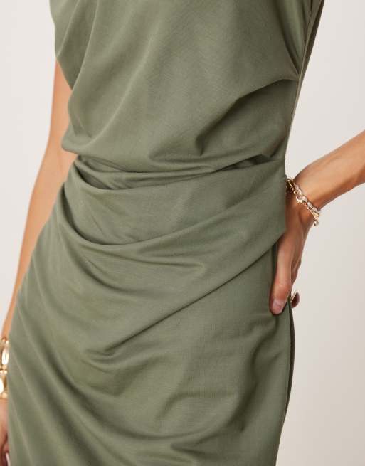 ASOS DESIGN linen look twist shoulder drape midi dress in khaki