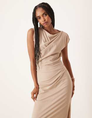 Asos Design Linen Look Twist Shoulder Drape Midi Dress
