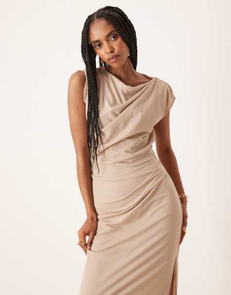 ASOS DESIGN linen look twist shoulder drape midi dress in stone - view 1