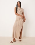 [ASOS DESIGN] ASOS DESIGN linen-look twist shoulder drape midi dress in stone-Neutral 16 STONE