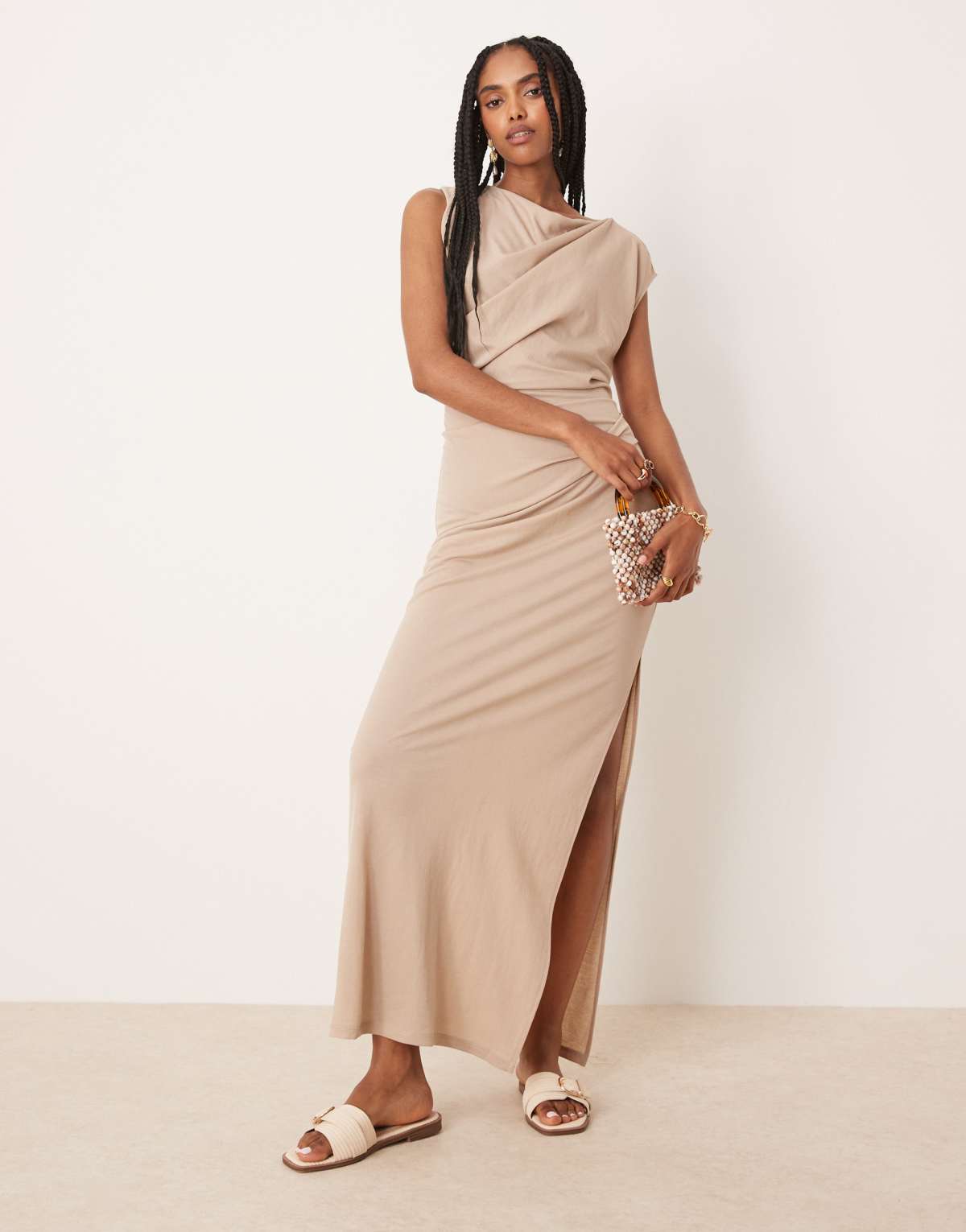 ASOS DESIGN linen look twist shoulder drape midi dress in stone