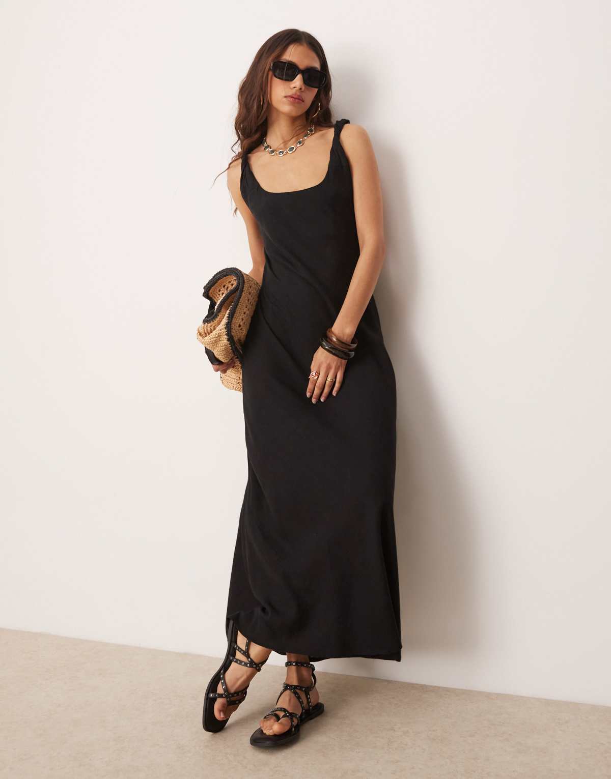 ASOS DESIGN linen look twist strap bias maxi dress in black
