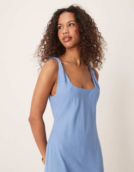 ASOS DESIGN linen look twist strap bias maxi dress in denim wash blue