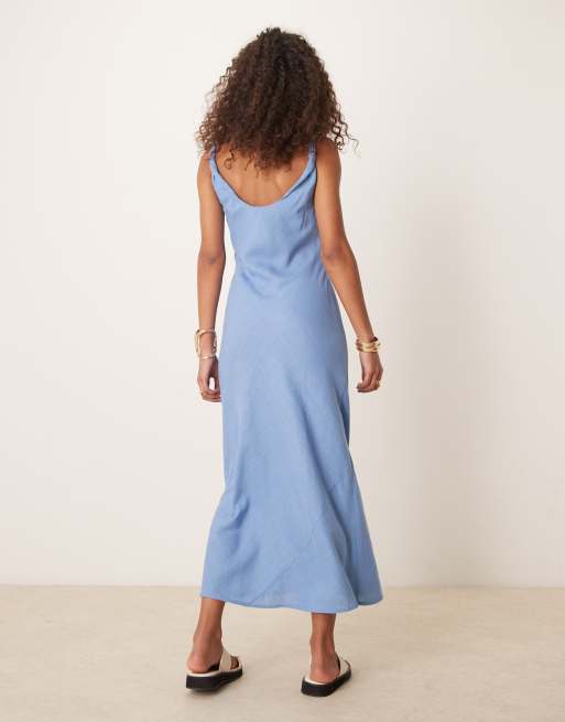 ASOS DESIGN linen look twist strap bias maxi dress in denim wash blue
