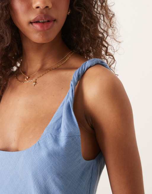 ASOS DESIGN linen look twist strap bias maxi dress in denim wash blue