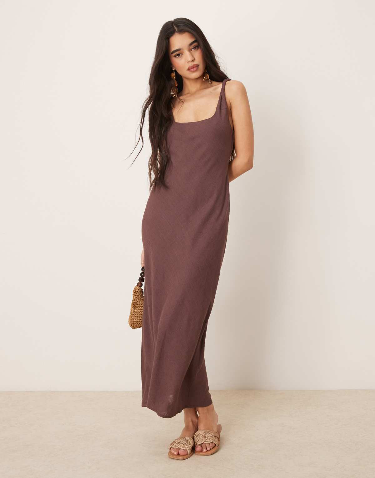 ASOS DESIGN linen look twist strap bias maxi dress in chocolate