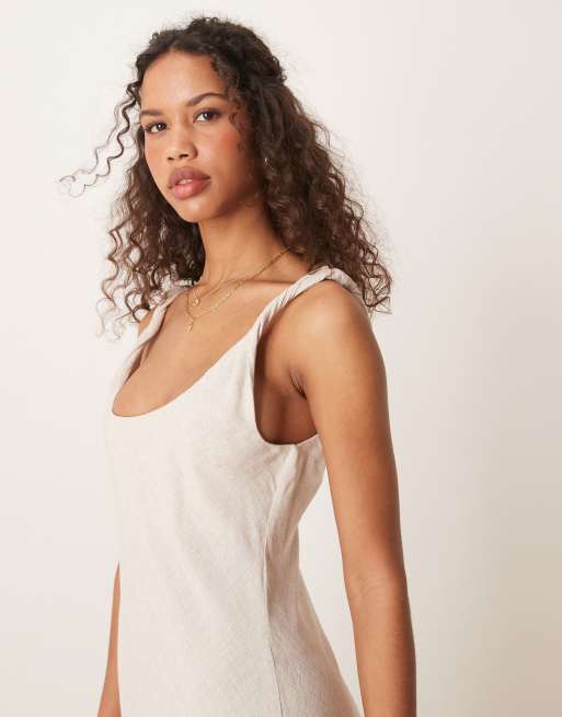 ASOS DESIGN linen look twist strap bias maxi dress in oatmeal
