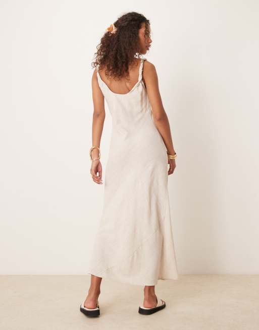 ASOS DESIGN linen look twist strap bias maxi dress in oatmeal