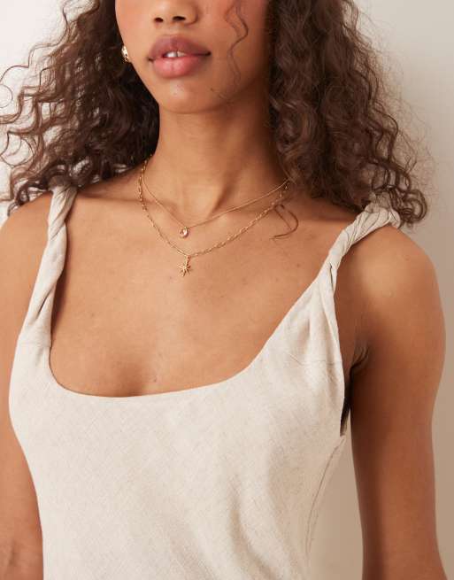 ASOS DESIGN linen look twist strap bias maxi dress in oatmeal