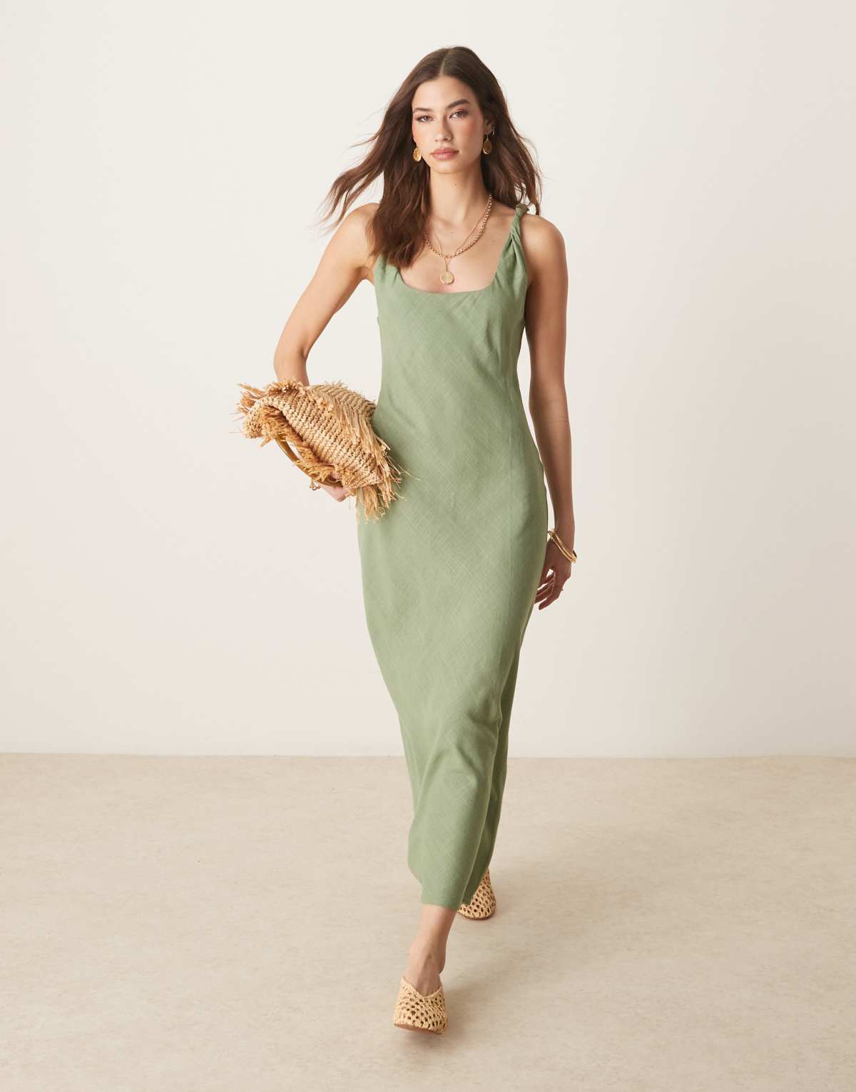 ASOS DESIGN linen look twist strap bias maxi dress in olive
