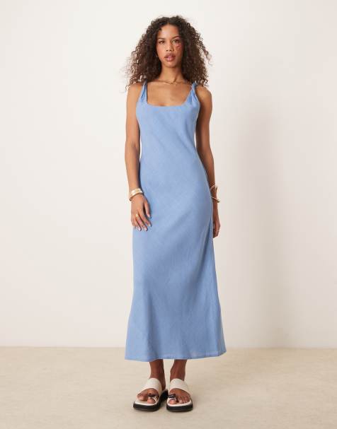 ASOS DESIGN linen look twist strap bias maxi sundress in blue in denim wash blue  - view 1