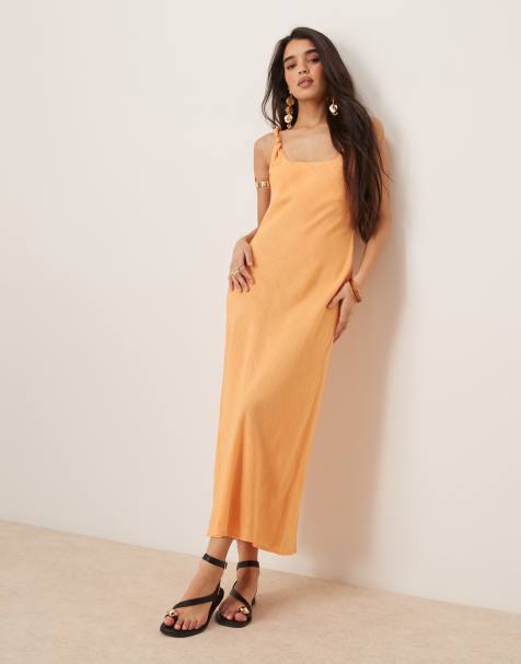 ASOS DESIGN linen look twist strap bias maxi sundress in papaya - view 1