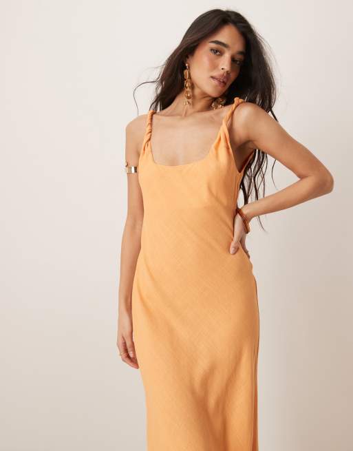 ASOS DESIGN linen look twisted strap bias cut maxi dress in papaya