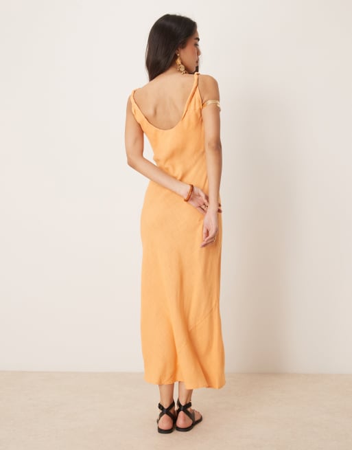 ASOS DESIGN linen look twisted strap bias cut maxi dress in papaya