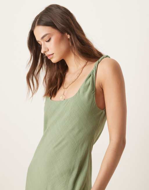 ASOS DESIGN linen look twisted straps bias cut maxi sundress in olive , 4 of 4