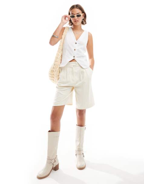 ASOS DESIGN linen look v neck longline vest in ivory - view 1