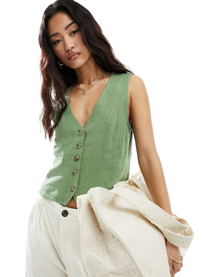 Asos Design Linen Look Vest In Khaki-green