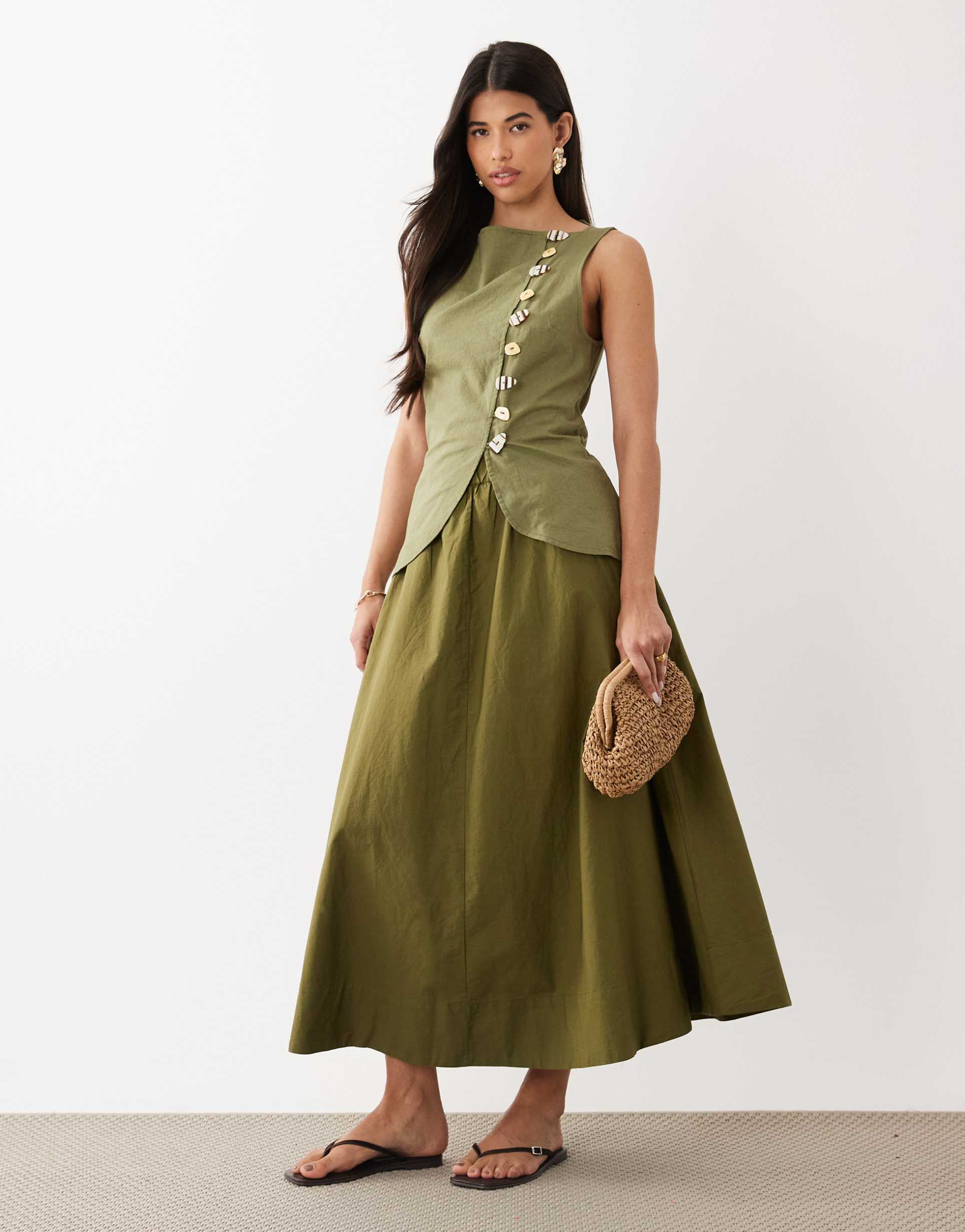 asos design linen look vest midaxi dress with poplin skirt in olive