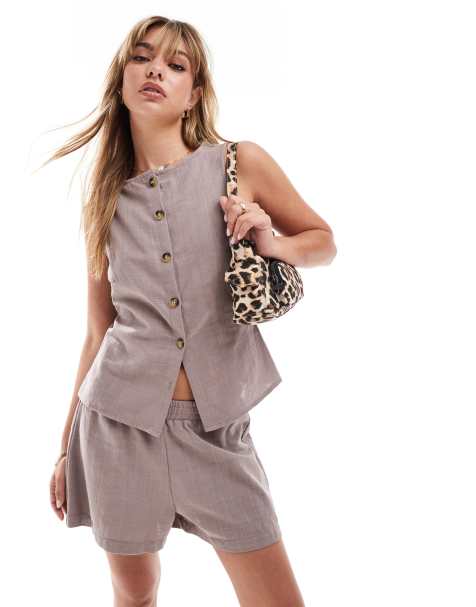 ASOS DESIGN linen look waistcoat in brown co ord - view 1