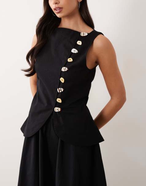 ASOS DESIGN linen look waistcoat maxi dress with poplin skirt in black - view 1