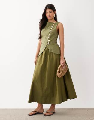 Asos Design Linen Look Waistcoat Maxi Dress With Poplin Skirt In Green