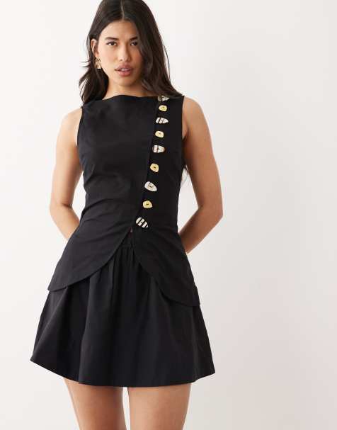 ASOS DESIGN linen look waistcoat mini dress with poplin skirt in black