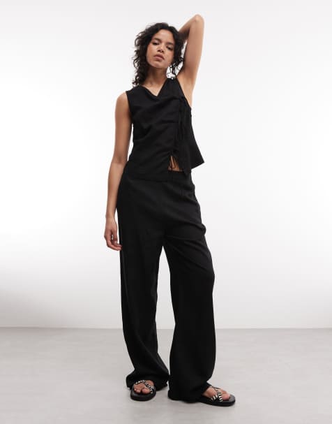 ASOS DESIGN linen look wide leg pants in black - part of a set - view 1