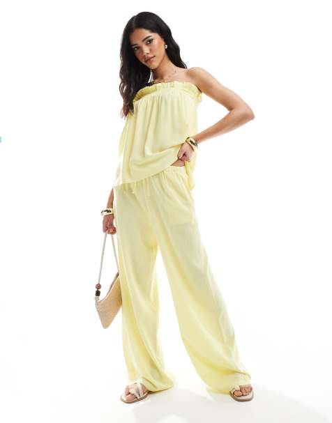 ASOS DESIGN linen look wide leg pants in buttermilk (part of a set) - view 1