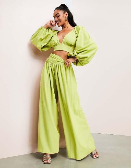 ASOS DESIGN linen look wide leg pants in lime, 2 of 4