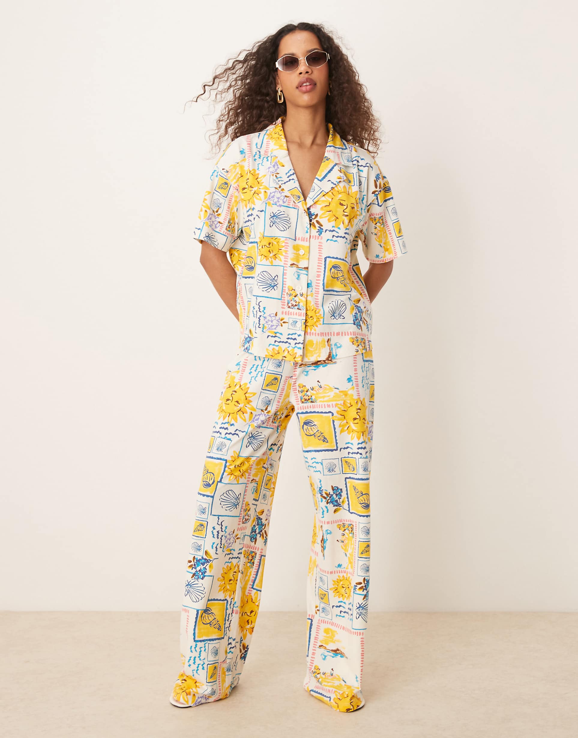 asos design linen look wide leg pants in postcard print - part of a set