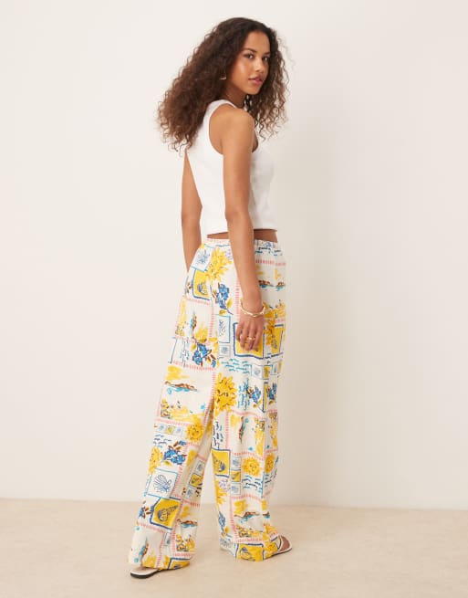 ASOS DESIGN linen look wide leg pants in postcard print - part of a set, 3 of 5