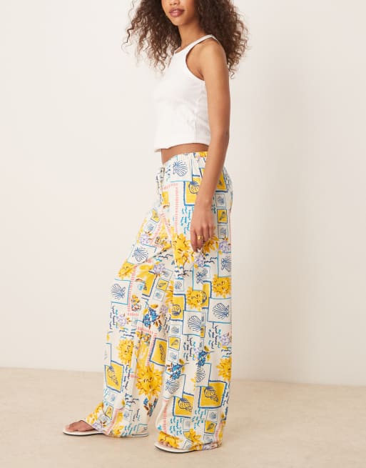 ASOS DESIGN linen look wide leg pants in postcard print - part of a set, 5 of 5
