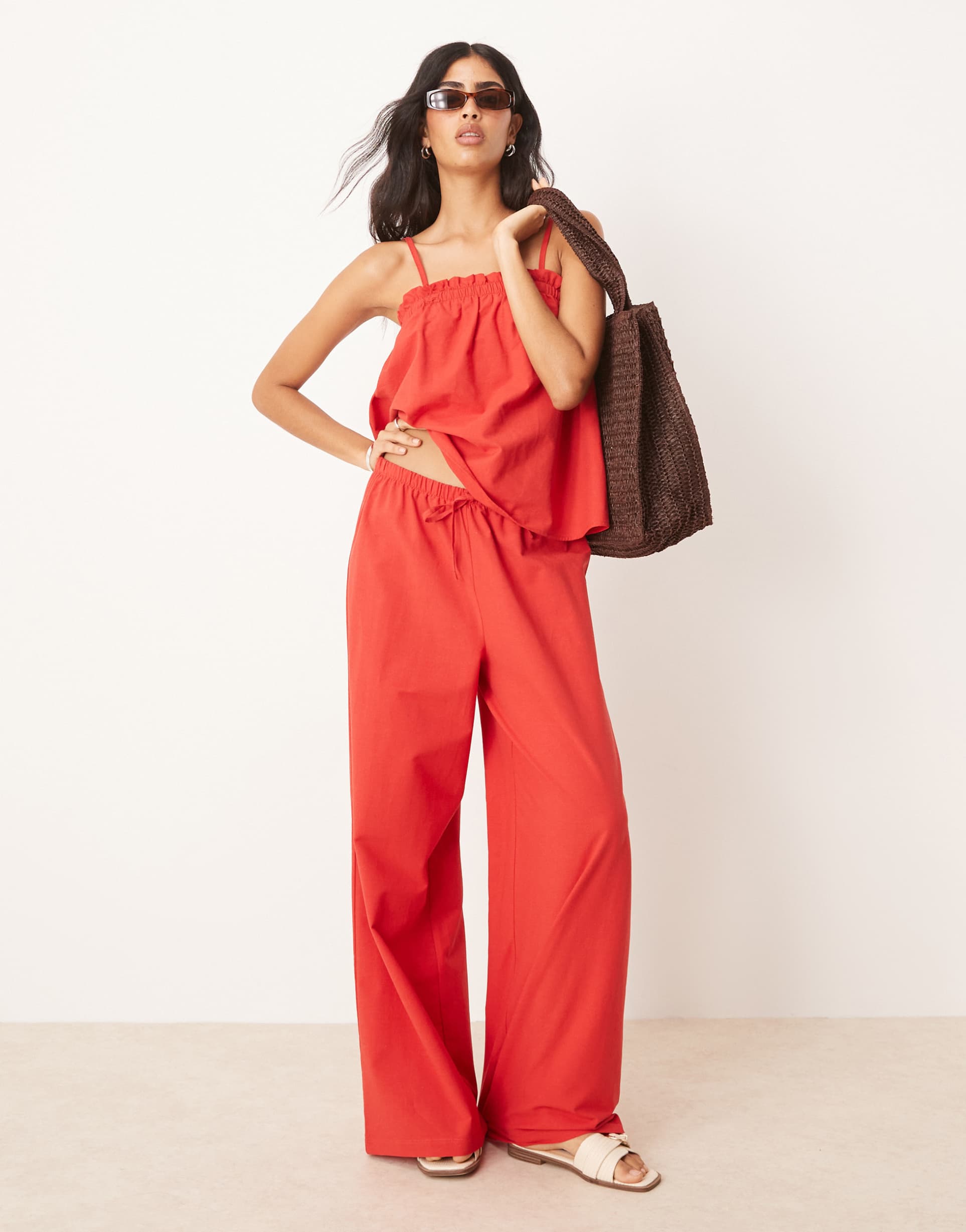 asos design linen look wide leg pants in red - part of a set