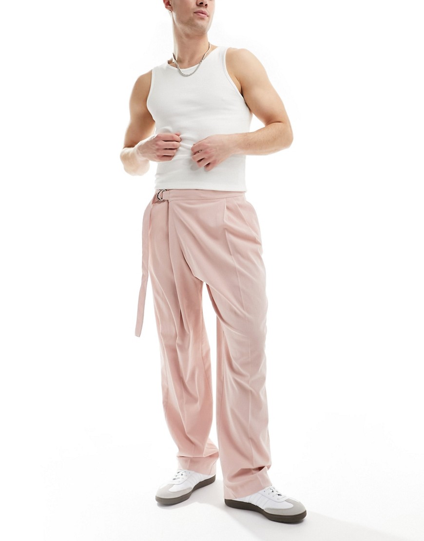 Asos Design Linen Look Wide Leg Pants With Asymmetric Wrap In Dusty Pink
