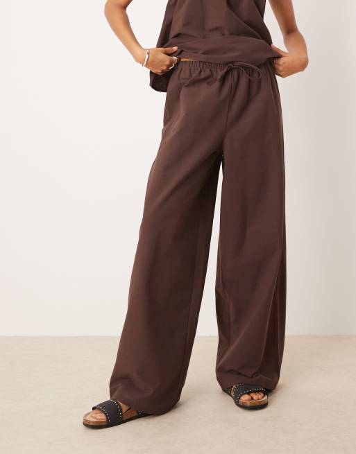 ASOS DESIGN linen look wide leg pull on pants in chocolate