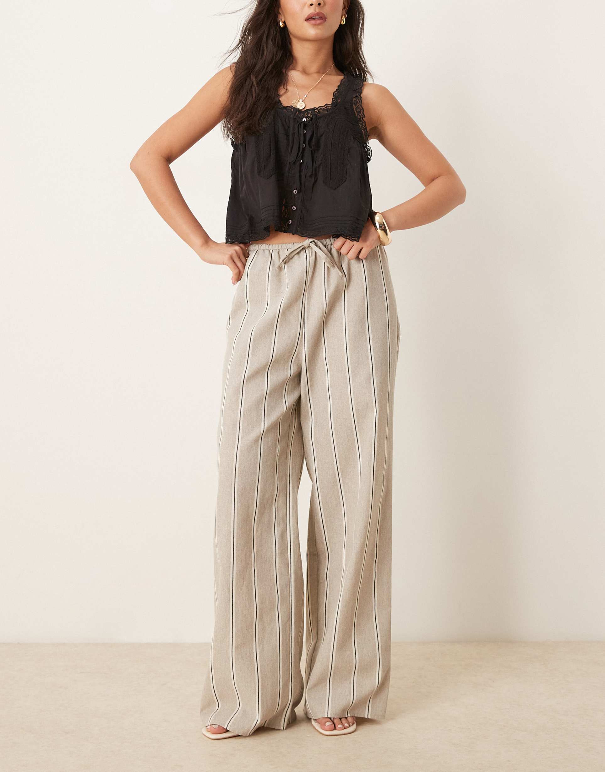 asos design linen look wide leg pull on pants in taupe stripes