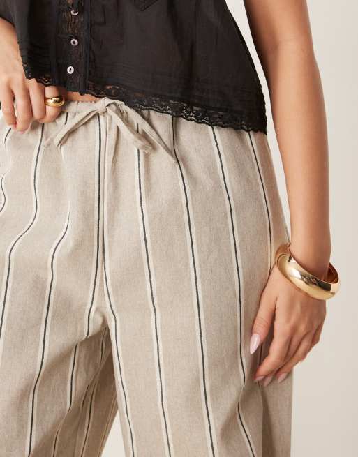 ASOS DESIGN linen look wide leg pull on trousers in taupe stripe, 2 of 5