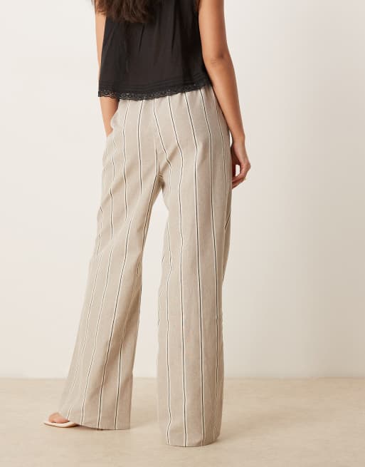 ASOS DESIGN linen look wide leg pull on trousers in taupe stripe, 5 of 5