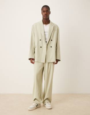 ASOS DESIGN linen look wide leg suit trousers in sage green