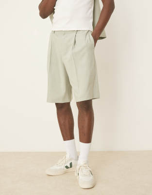 ASOS DESIGN linen look wide suit short in sage green