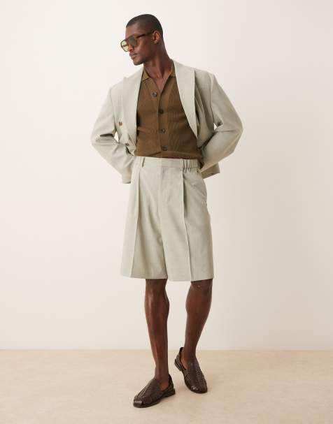 ASOS DESIGN linen look wide suit short in sage green