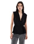 [ASOS DESIGN] ASOS DESIGN linen look wrap over sleeveless blouse in black 16 Black