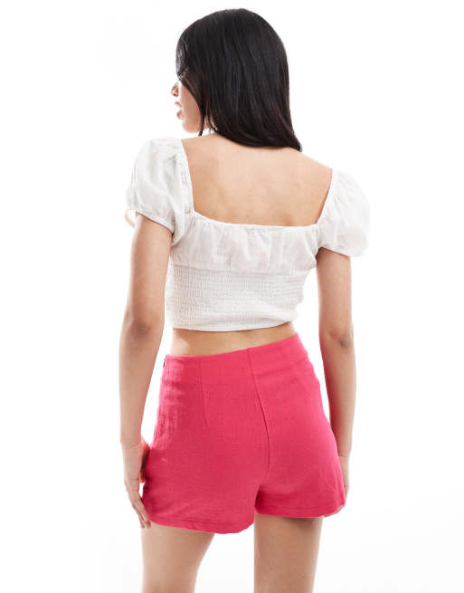ASOS DESIGN linen look wrap skort in pink, 4 of 5
